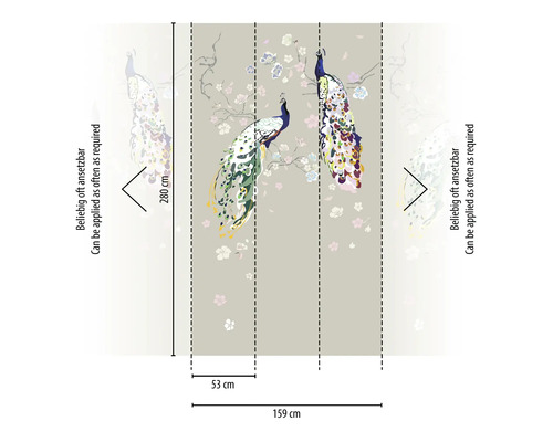 Behang met pauwen en bloemen, 159 cm breed en 280 cm hoog