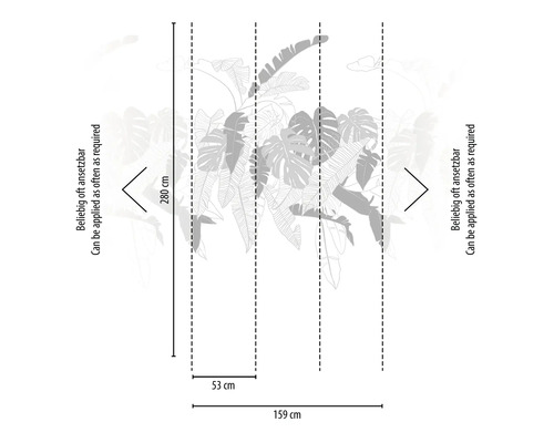 Illustratie van een fotobehang met plantenpatroon, afmetingen 280 bij 159 centimeter