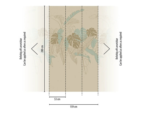 Illustratie van een fotobehang met tropische bladeren en maatvoering