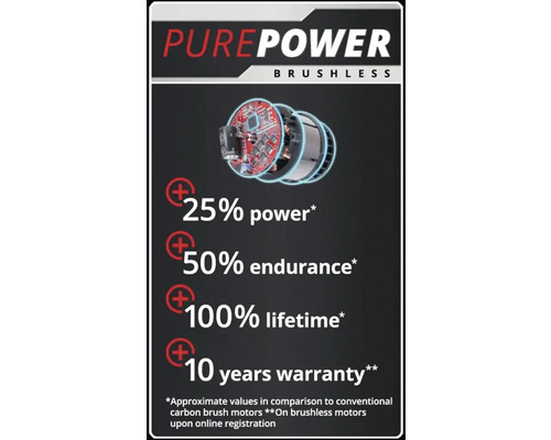 Purepower Brushless productinformatie met details over vermogen, levensduur en garantie