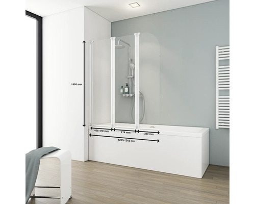 Badkuip met driedelige douchewand met afmetingen