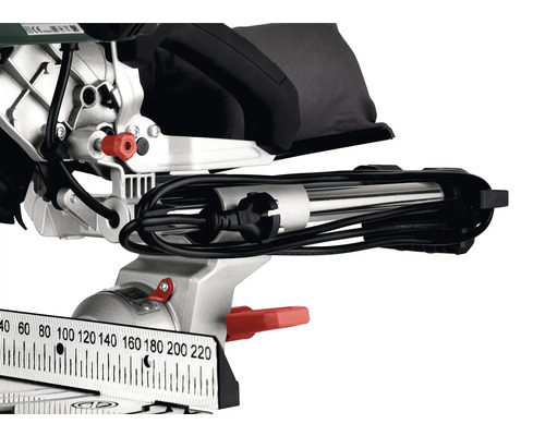 Details van een verstekzaag met schaal, kabel en stofopvangzak