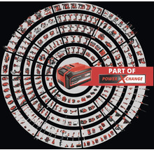 Een Einhell Power X-Change accu omgeven door verschillende elektrische gereedschappen.