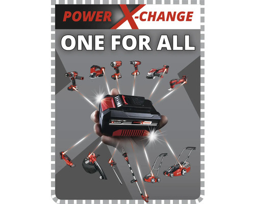 Power X-Change accu met verschillende elektrische gereedschappen en tuingereedschap