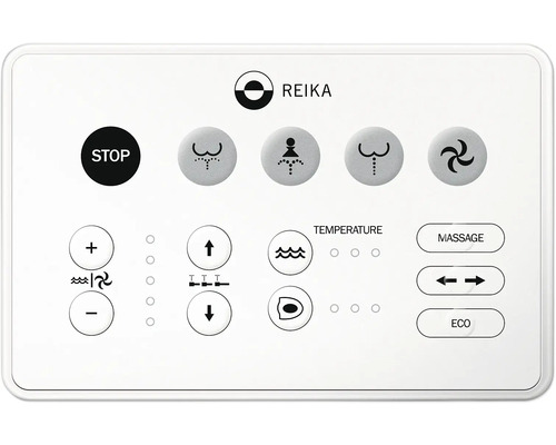 Reika bedieningspaneel voor douche-wc''s met verschillende functies zoals stop, massage en temperatuurregeling.