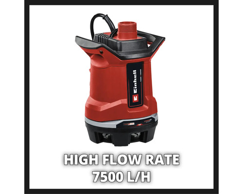 Einhell Logo. Dompelpomp met een capaciteit van 7500 liter per uur.