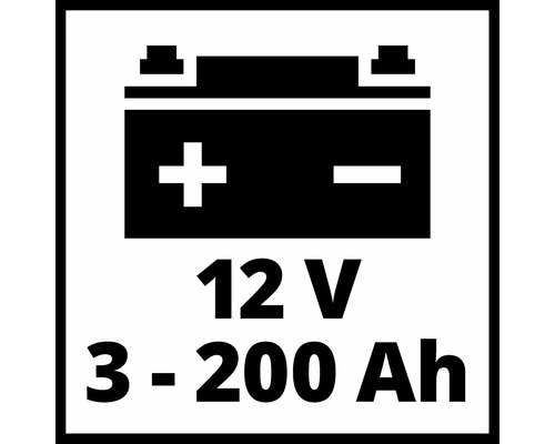 Symbool voor een 12 volt batterij met 3 tot 200 ampère-uur