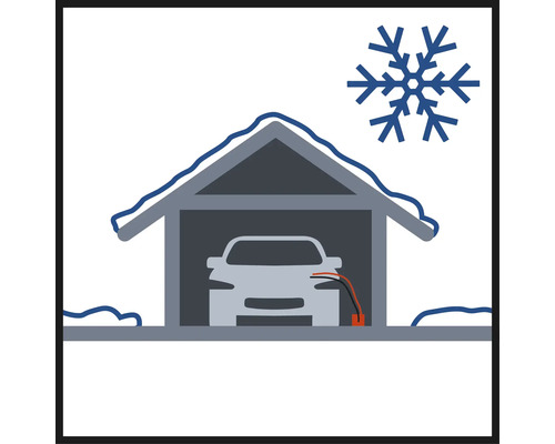 Symbool van een auto in een garage met een sneeuwvloksymbool dat wintervoorbereiding aangeeft