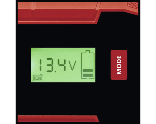 Display van een batterijlader met 13.4 volt en een batterijsymbool.