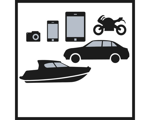 Symbolische weergave van camera, mobiele telefoon, tablet, motorfiets, auto en boot
