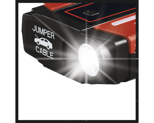 Detailopname van een starthulp met geïntegreerde lamp en het symbool voor startkabels