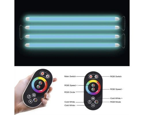 Vier LED-fluorescentielampen en een afstandsbediening