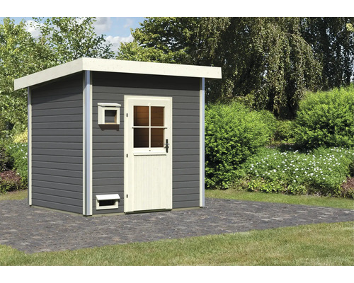 Tuinhuis met deur en raam in de tuin