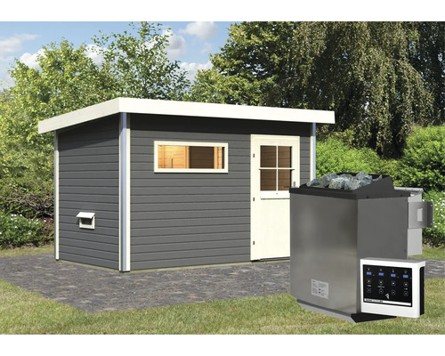 Saunahuis met sauna en bedieningspaneel in de tuin