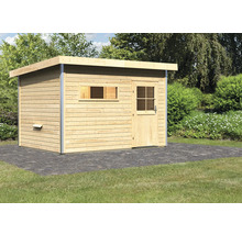 Houten tuinhuis met raam en deur