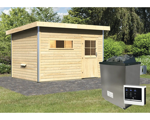 Sauna met saunakachel in de tuin
