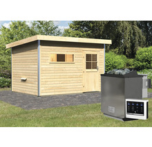 Blokhutsauna met saunakachel en bediening in de tuin