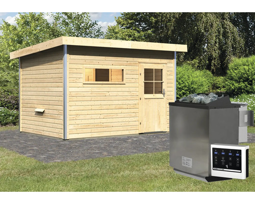 Blokhutsauna met saunakachel en bediening in de tuin