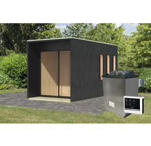 Buitensauna met saunaoven en bediening in de tuin