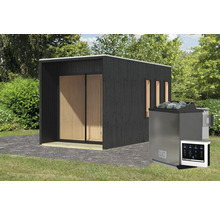 Moderne houten tuinsauna met kachel op gazon