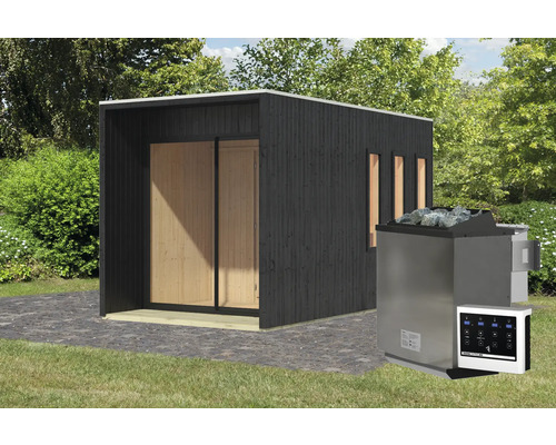Moderne houten tuinsauna met kachel op gazon