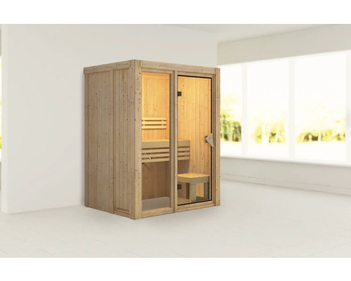 Houten sauna met glazen deur en banken