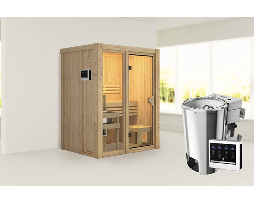 Houten sauna met kachel en bediening