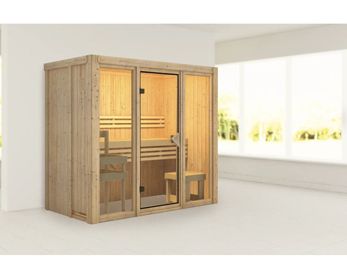 Houten sauna met glazen deur en banken
