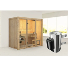 Houten sauna met glazen deur en saunakachel