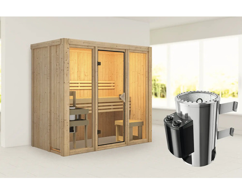 Houten sauna met glazen deur en saunakachel