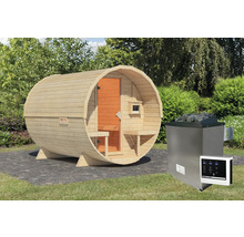 Houten barrelsauna met saunaoven en bediening