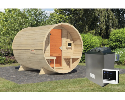 Houten barrelsauna met saunaoven en bediening