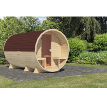 Houten barrel sauna met deur en dakshingles