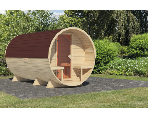 Houten barrel sauna met deur en dakshingles