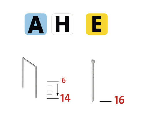 Illustratie van nietjes type A, H en E met maataanduidingen