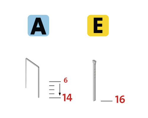 Afbeelding van nietje type A en nagel type E met afmetingen