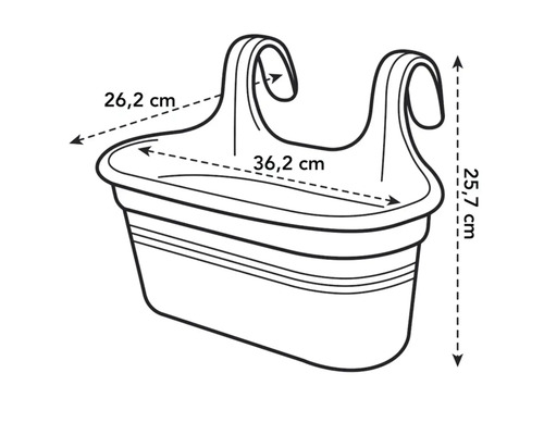 Illustratie van een balkonbak met maataanduidingen
