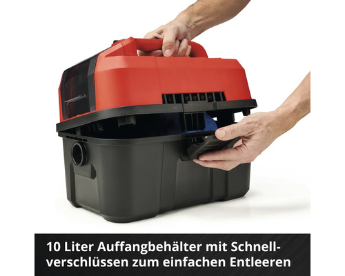 Nat- en droogzuiger met reservoir van 10 liter en snelsluitingen voor eenvoudig legen