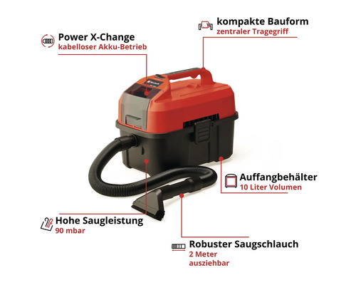Accu nat- en droogzuiger met tien liter tankinhoud en slang van twee meter