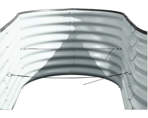 Gedetailleerd overzicht van een verhoogde tuinbak met stalen wand en stutten