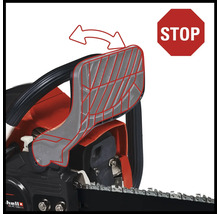 Kettingzaag met stopteken en afbeelding van terugslagbescherming