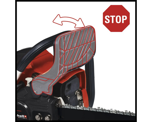 Kettingzaag met stopteken en afbeelding van terugslagbescherming