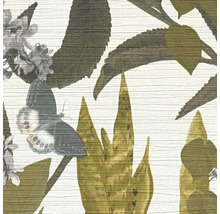 Behang met bladeren, vlinder en bloemen