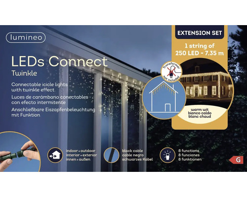 Lichtsnoer als ijspegels met 250 LEDs en een lengte van 7,35 meter voor binnen- en buitengebruik, transformator niet inbegrepen