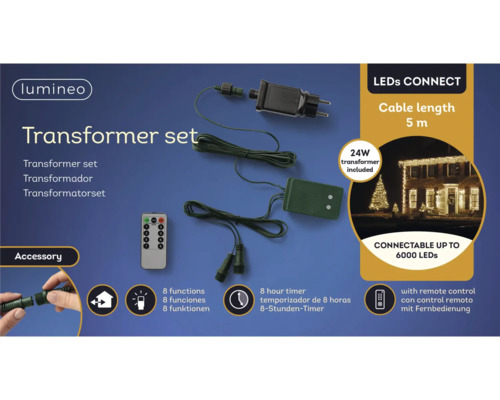 Lumineo transformatorset met 24 watt transformator, vijf meter kabellengte, afstandsbediening en acht functies