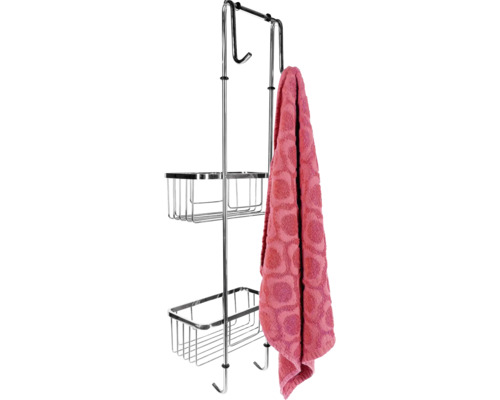 Douche rek met twee opbergmanden en een handdoek