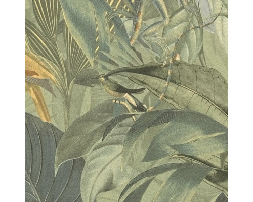 Behang met jungle thema, toont planten, een vogel en een kameleon