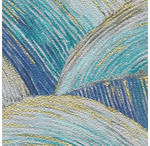 Close-up van een gestructureerd behang met blauw en gouden wervelpatroon