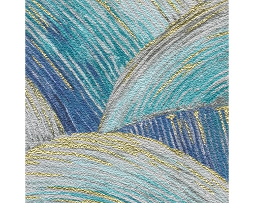 Close-up van een gestructureerd behang met blauw en gouden wervelpatroon