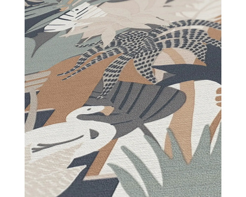 Behang met krokodil-, flamingo- en plantenpatroon